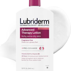 Lubriderm Advanced Therapy Hand & Body Lotion, Fragrance Free, 32 fl. oz | Moisturizing Lotion + Pro-Ceramide with Vitamins E & Pro-Vitamin B5, Intense Hydration for Extra Dry, Itchy & Sensitive Skin