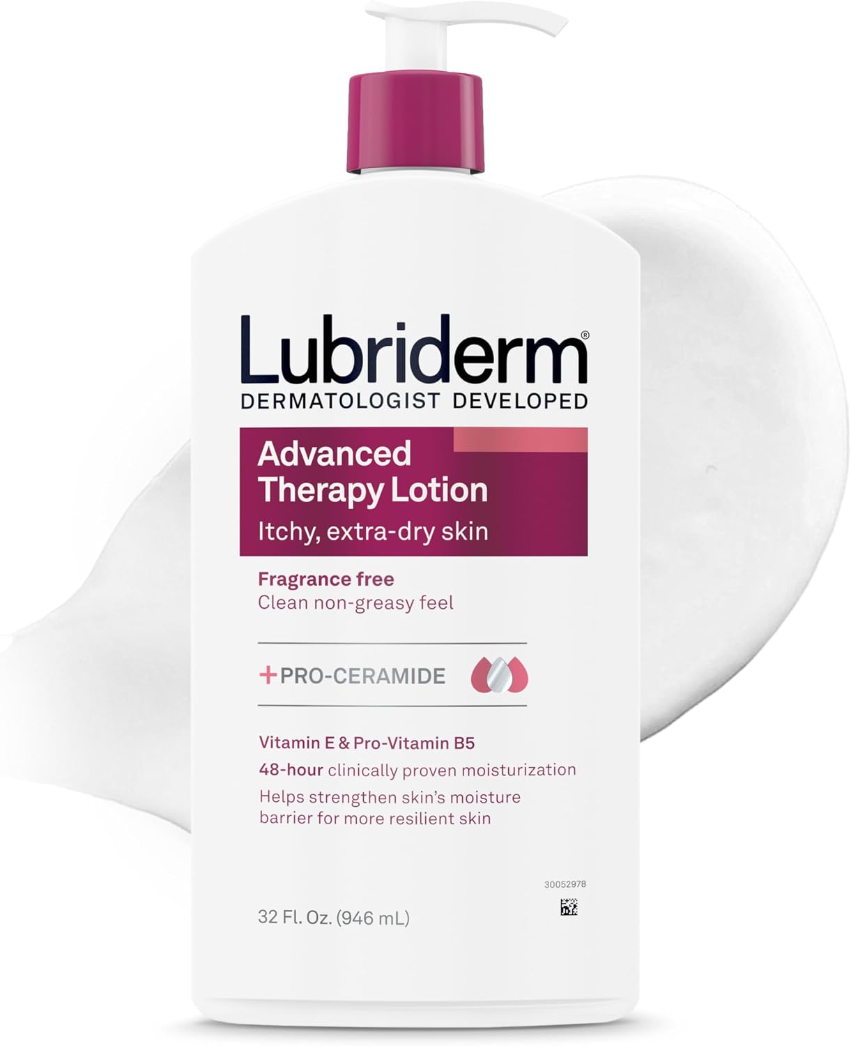 Lubriderm Advanced Therapy Hand & Body Lotion, Fragrance Free, 32 fl. oz | Moisturizing Lotion + Pro-Ceramide with Vitamins E & Pro-Vitamin B5, Intense Hydration for Extra Dry, Itchy & Sensitive Skin