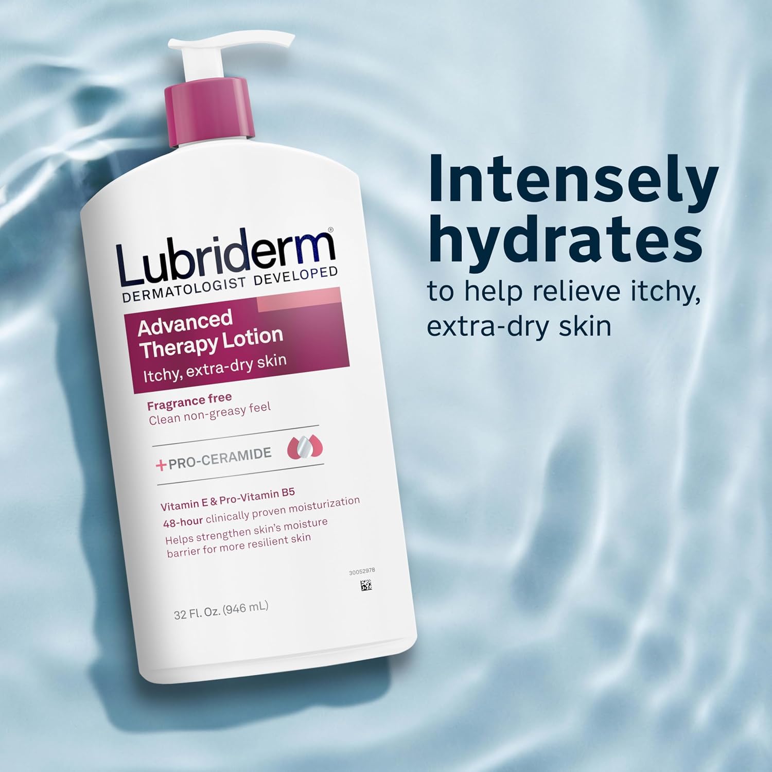 Lubriderm Advanced Therapy Hand & Body Lotion, Fragrance Free, 32 fl. oz | Moisturizing Lotion + Pro-Ceramide with Vitamins E & Pro-Vitamin B5, Intense Hydration for Extra Dry, Itchy & Sensitive Skin - Image 3